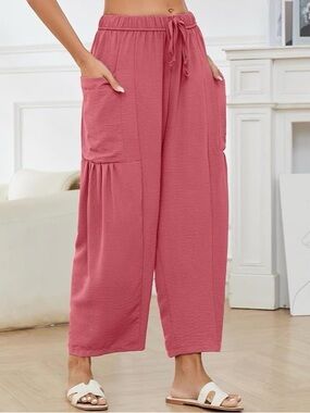 3X Oversized Casual Drawstring Ankle Pants in Coral Pink